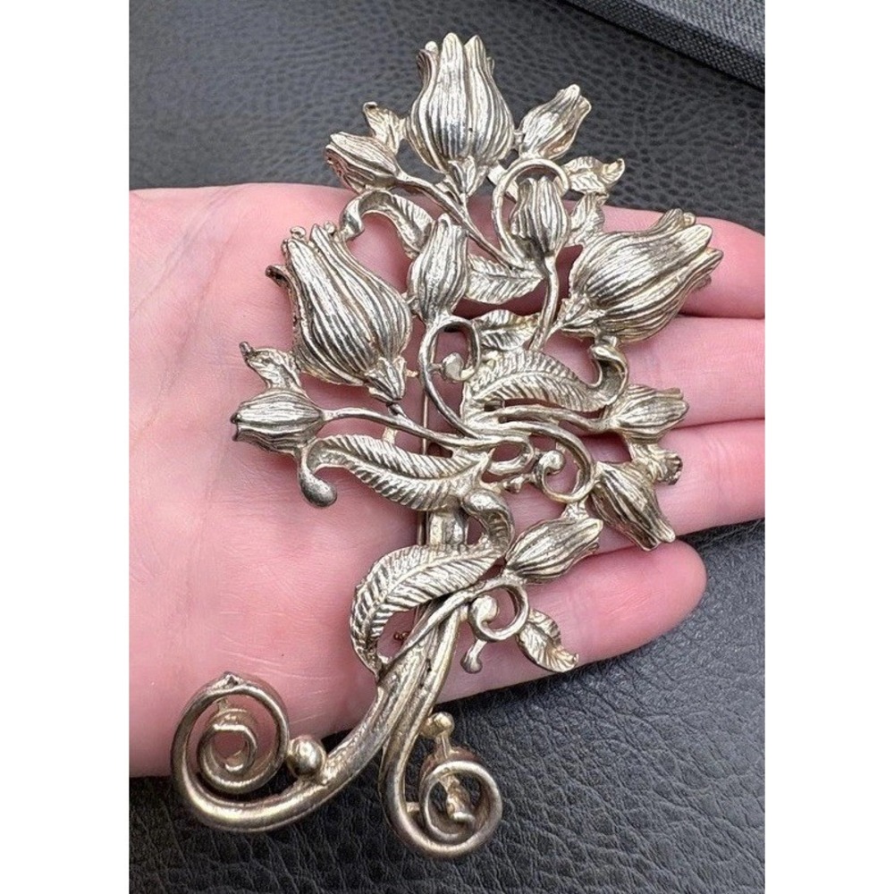 Vintage HUGE Old Ornate Flower Pot Metal Brooch Pin Silver Tone